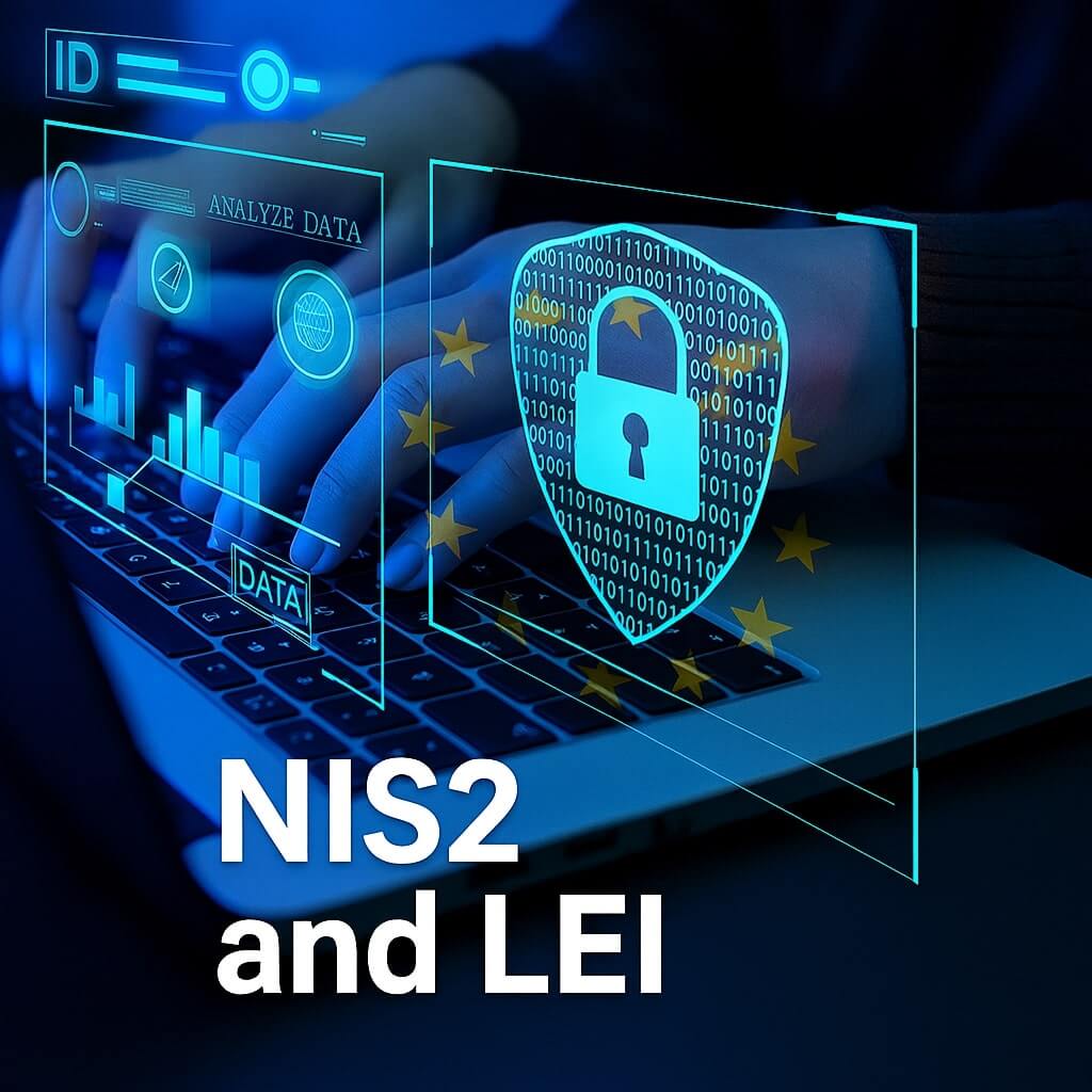 Hände tippen auf einem Laptop mit digitalem Schloss und EU-Flaggen-Grafiken, die die NIS2-Richtlinie und die LEI-Code-Compliance symbolisieren.