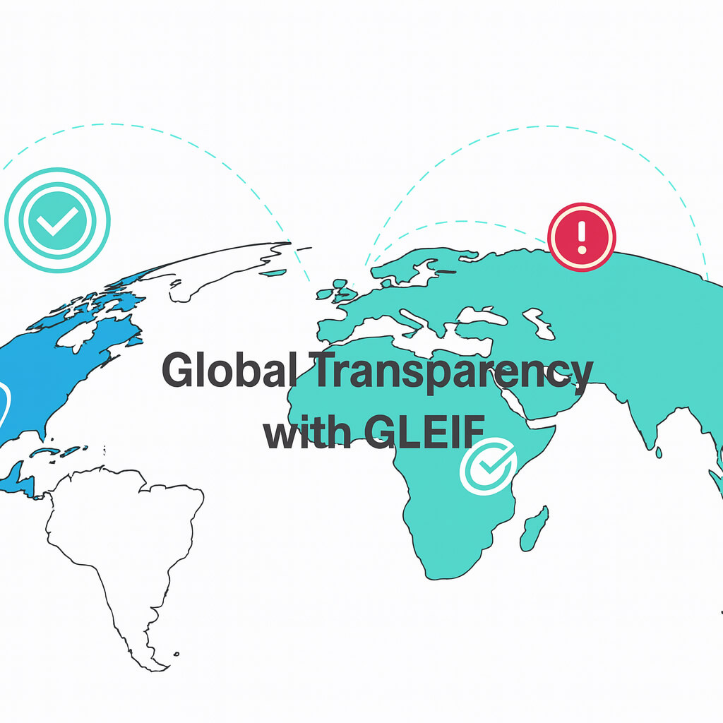 Weltkartenillustration, die globale Verbindungen und den Text „Globale Transparenz mit GLEIF“ zeigt, symbolisiert Finanztransparenz und zuverlässige Entitätsidentifizierung