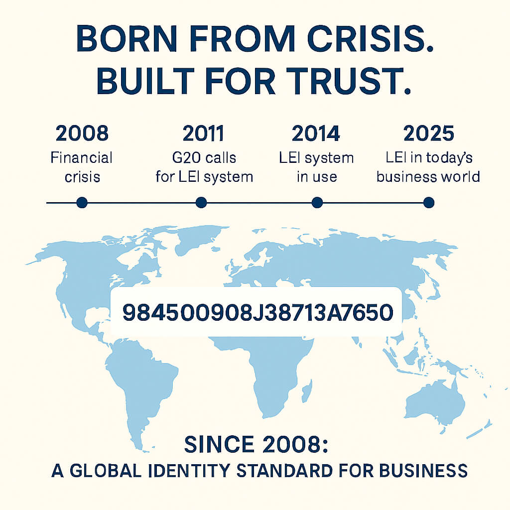 LEI-Historien-Zeitleiste – von der Finanzkrise 2008 bis heute, die den Legal Entity Identifier als globalen Identitätsstandard für Unternehmen zeigt