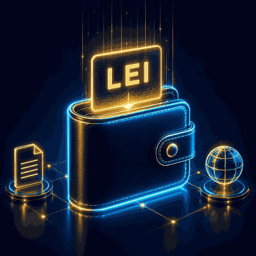LEI-Code-Karte, die in eine digitale Wallet eingefügt wird – Illustration des LEI-Codes und der European Business Wallet